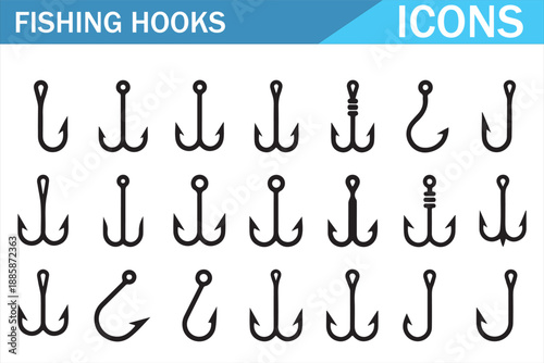 Minimal fishing hook line icons collection for sport and outdoor design
