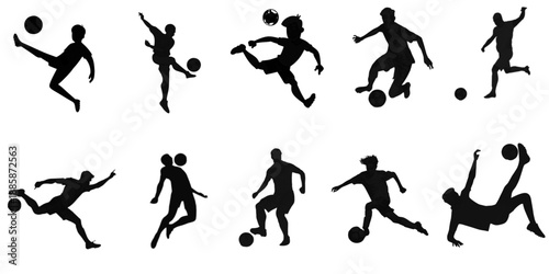 vector silhouettes of player playing football in different action