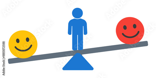 Conceptual illustration of a person balancing emotional smiley faces depicting choice for decision making