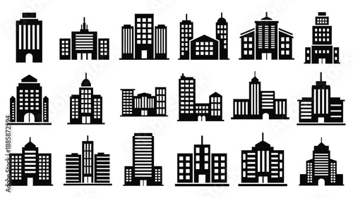 a collection of stylized city buildings and skyscrapers silhouette