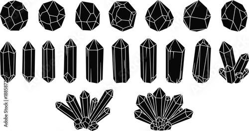 Crystals Silhouette Collection: An artistic monochrome display of diverse crystal formations, showcasing various shapes and geological beauty.