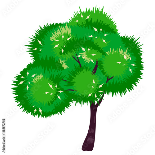 Green tree with voluminous fluffy crown is strewn with light flowers. Symbol of life, longevity and the awakening of nature. Spring riot of colors in the awakening of nature. Vector isolated object