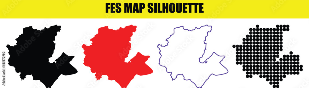 Fototapeta premium Fes map silhouette bundle in multiple formats including solid fill thin line and circular dots for design professional