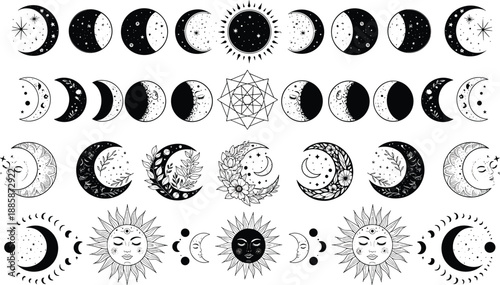Moon Phases: A visual journey showcasing the captivating cyclical dance of the moon, highlighting its diverse phases and celestial allure.
