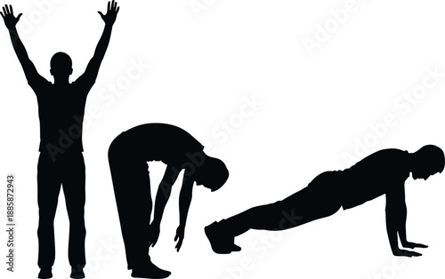  black fitness silhouettes demonstrating standing stretch, forward bend, and plank exercise on white background for workout instruction and core strength.