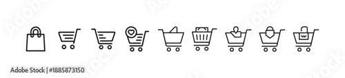 Nine linear icons representing various aspects of retail and online buying using carts and bags