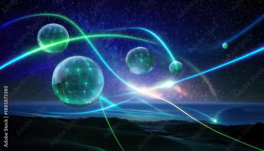 Obraz premium Cosmic Spheres and Luminous Trails - A Journey Through Space.
