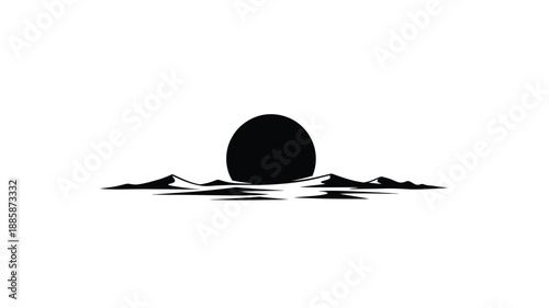 a stark black silhouette of mountains and a full moon over water