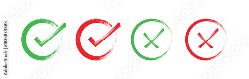 Set hand drawn check mark, tick and cross brush signs.
