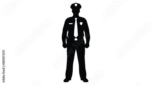 a black silhouette of a police officer standing upright against a white background
