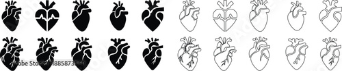 Human heart anatomy icon set with flat and line styles, medical cardiology symbols, heartbeat ECG heart icons in black monochrome vector illustration collection