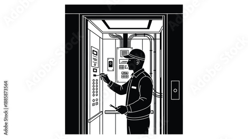 man in uniform interacting with elevator controls a striking black and white silhouette