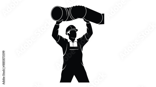 a construction worker holding pipes overhead a stark black and white silhouette