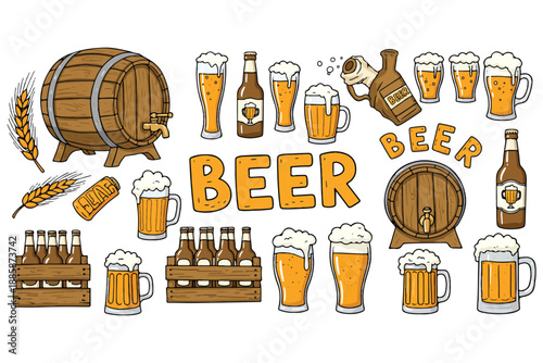 Vintage vector illustration featuring a set of beer labels, icons, and mugs with cold foam for pub and bar sign design