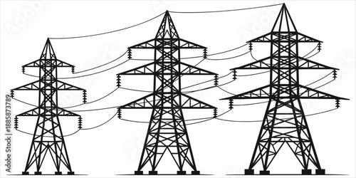 Three black electricity pylons with wires against a white background Keywords: electricity, pylon, power, transmission, tower