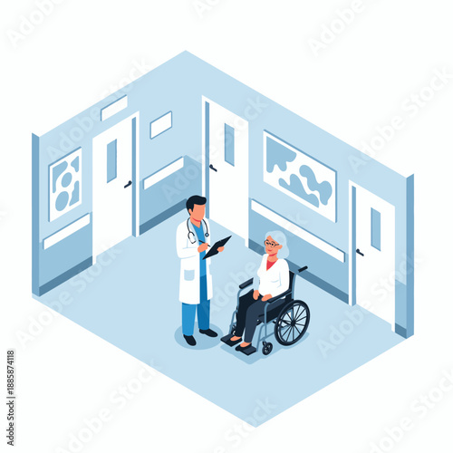 Doctor consulting with elderly patient in wheelchair in hospital corridor.