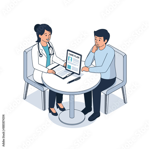 Doctor consulting with patient at a round table with laptop.