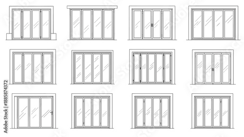 5-Panel Bi-Fold Patio Door Elevation, Modern Folding Glass Wall Vector CAD Block