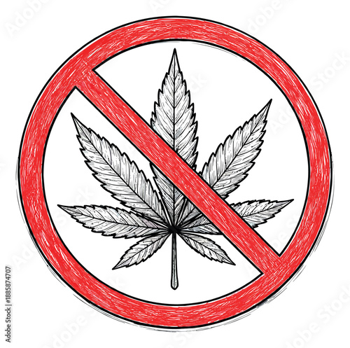 Hand drawn line art illustration of a cannabis leaf depicting drug prohibition for legal and health contexts