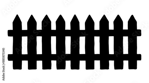 A simple black silhouette of a classic wooden picket fence with pointed tops used for garden borders yard boundaries and residential property security graphic elements