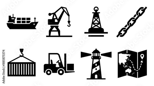 A collection of black silhouette icons representing global trade transportation and port operations with elements like a container ship harbor crane lighthouse and navigation map