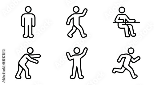 A collection of minimalist black outline pictograms representing various human activities including walking running sitting at a desk waving and pushing for web design projects