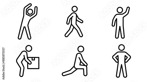 A collection of minimalist black line icons depicting human stick figures in various active poses including walking waving lifting a box stretching and fitness exercises