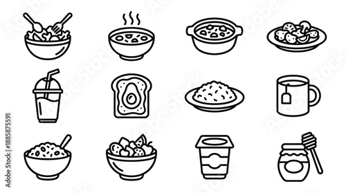 A collection of twelve black and white outline icons representing various healthy meals such as soup salad avocado toast oatmeal fruit yogurt honey tea and smoothie