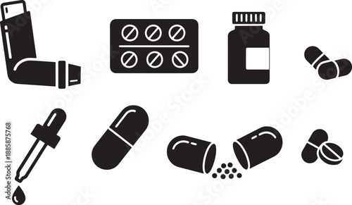 Medication Icon Set Featuring Inhaler, Capsules, Dropper, and Blister Pack in Black Silhouette Style
