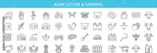 Agriculture and farming line icon set featuring livestock, crops, tractor, irrigation, harvest, dairy, organic food, rural tools symbols for web apps, UI design, infographics