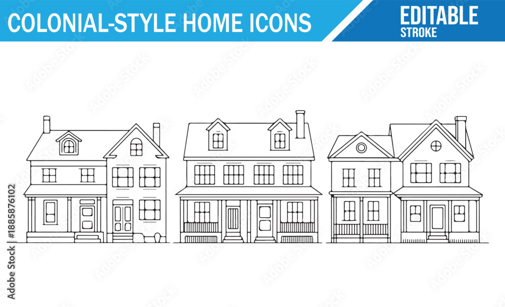 Fototapeta premium Vintage Colonial Home Vector Icons, Collection of Line Drawings for Print and Web