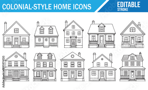 Set of 10 Line Art Colonial Home Icons, Black and White Architectural Outlines