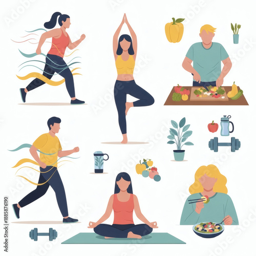 Healthy Lifestyle Collage: A vibrant collage depicting diverse individuals engaging in healthy habits, encompassing physical activity, mindful practices, and wholesome nutrition.