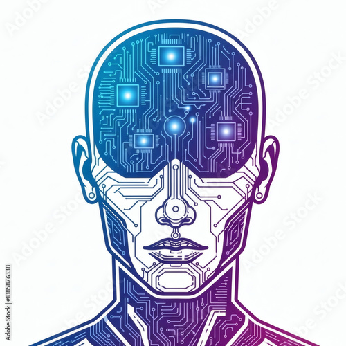 Digital mind of Technology:  A striking representation of a technological mind, blending human form with intricate circuit patterns.