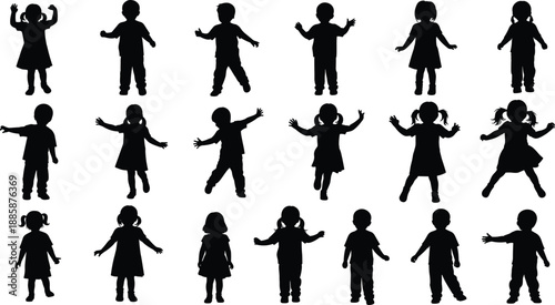 Collection Of Black Silhouettes Of Children In Various Poses And Outfits vector illustration
