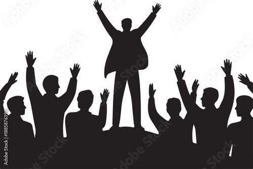 A group of people with their fists raised in solidarity and celebration