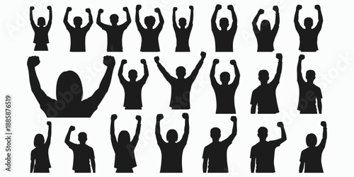 Collection of diverse people silhouettes with raised fists on white background Keywords: people, silhouettes, raised fists