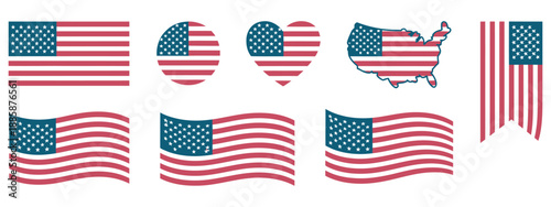 Flag USA set isolated icon, America holidays, 4 July banner, flat style vector illustration, Veteran Day, Memorial Day, patriotic symbols, national celebration design