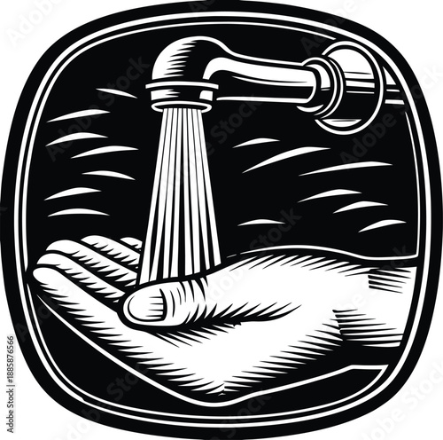  black and white droplet symbols depict water conservation, recycling, and refreshment in an illustration.