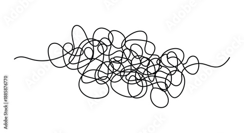An abstract representation of tangled thoughts and complexity is depicted on a white background.