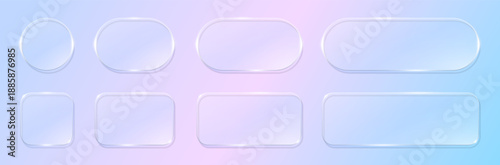 Futuristic glassmorphism UI element with square transparent frame and liquid glossy texture. Blue neon light effect on 3d glass button box with round edges. Modern app interface design template.