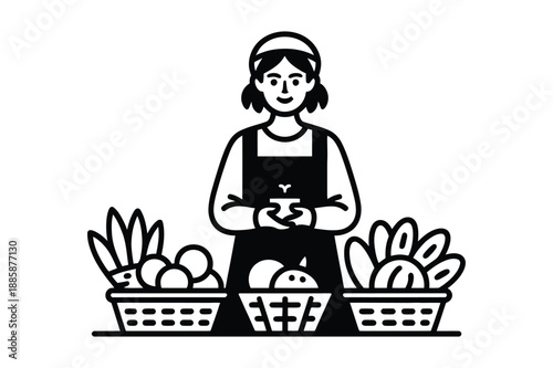 A black and white illustration of a smiling greengrocer with baskets of fresh produce
