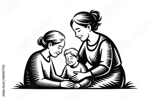 A loving family bond between two women and a child illustrated in black and white