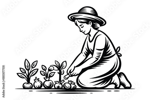 Vintage style illustration of a woman gardener tending small plants
