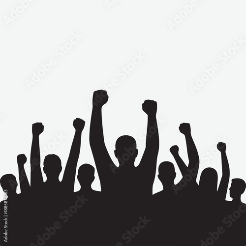 A group of people with their fists raised in solidarity and celebration