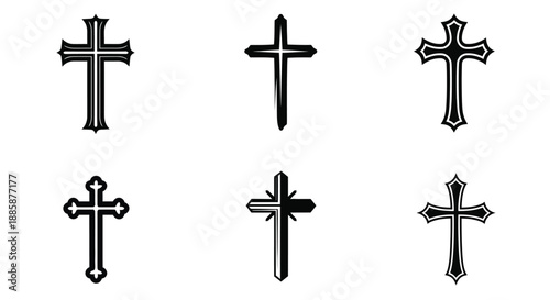 A collection of six distinct Christian cross designs isolated on a white background.