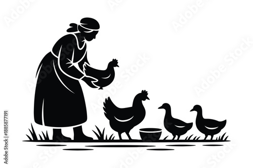 Silhouette illustration of a woman holding a chicken while other poultry wait on a farm