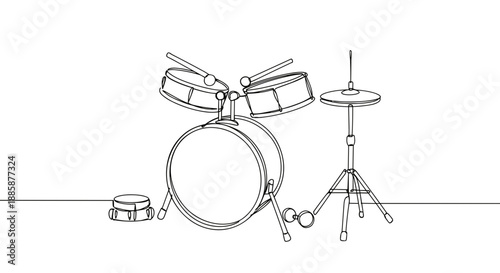Line drawing of a drum set with bass drum, snare drum, cymbals, and tom-tom, isolated on white background