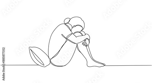 Line drawing of a human figure sitting with knees drawn to chest, expressing sadness, on a transparent background