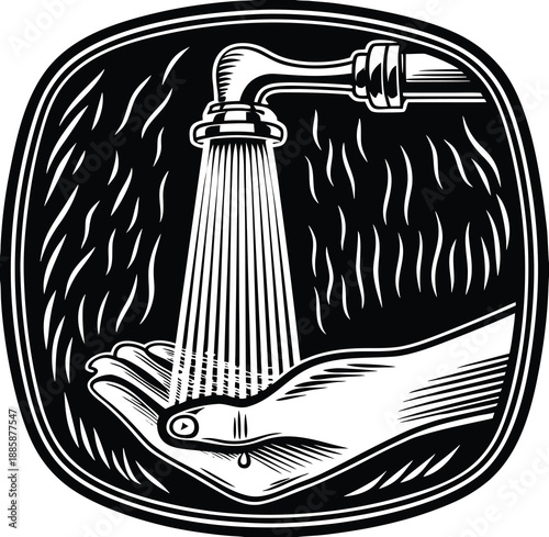  black and white droplet symbols depict water conservation, recycling, and refreshment in an illustration.